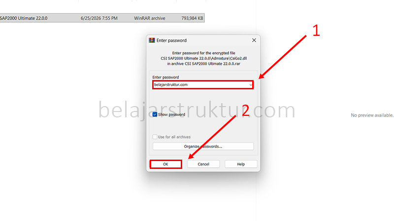 Masukkan password 'belajarstruktur.com' pada dialog ekstraksi RAR dan klik OK untuk melanjutkan proses ekstraksi.