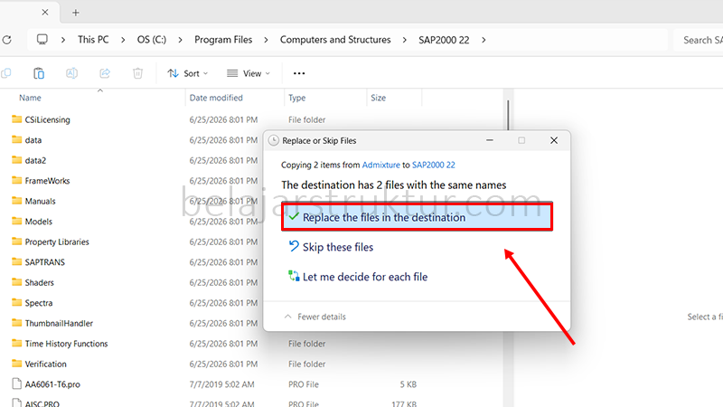 Klik Replace the files in the destination apabila muncul konfirmasi untuk mengganti file yang sudah ada.
