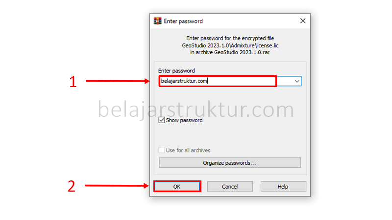 Pengisian password 'belajarstruktur.com' pada dialog ekstraksi RAR instalasi GeoStudio 2023.1.0.