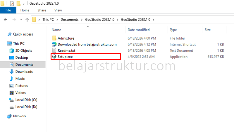 Isi folder hasil ekstraksi instalasi GeoStudio 2023.1.0 dengan file Setup.exe yang diblok untuk dijalankan.