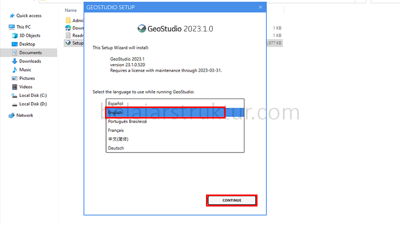 Pemilihan bahasa Inggris (English) pada setup GeoStudio 2023.1.0 dan tombol Continue.