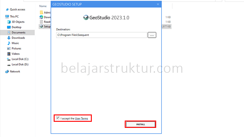 Centang 'I accept the User Terms' pada setup GeoStudio 2023.1.0 dan klik Install.