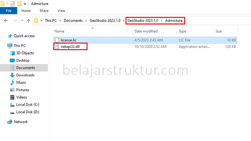File netapi32.dll pada folder Admixture diblok untuk disalin ke folder instalasi GeoStudio.